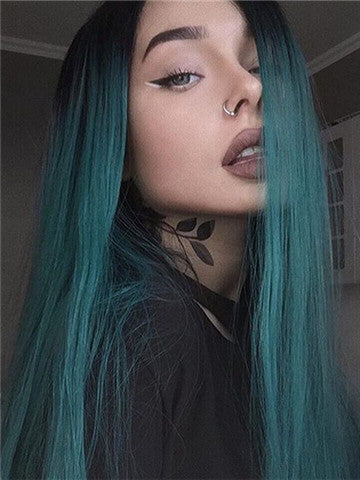 Long Black Root To Dark Green Ombre Straight Synthetic Lace Front Wig - FashionLoveHunter