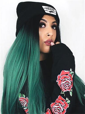 Long Black Root To Dark Green Ombre Straight Synthetic Lace Front Wig - FashionLoveHunter