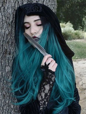 Long Black Root To Dark Green Ombre Straight Synthetic Lace Front Wig - FashionLoveHunter