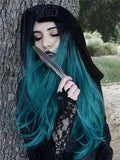 Long Black Root To Dark Green Ombre Straight Synthetic Lace Front Wig - FashionLoveHunter