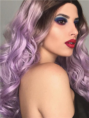 Long Black Root To Light Purple Ombre Wave Synthetic Lace Front Wig - FashionLoveHunter