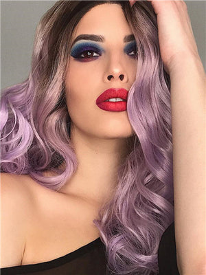 Long Black Root To Light Purple Ombre Wave Synthetic Lace Front Wig - FashionLoveHunter