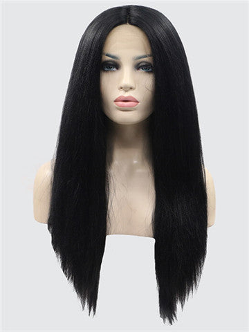 Long Natural Black Straight Synthetic Lace Front Wig - FashionLoveHunter