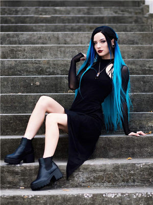 Long Black To Blue Bright Green Ombre Straight Synthetic Lace Front Wig - FashionLoveHunter