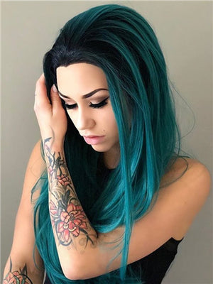Long Black To Dark Green Cosplay Ombre Synthetic Lace Front Wig - FashionLoveHunter