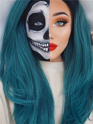 Long Black To Dark Green Cosplay Ombre Synthetic Lace Front Wig - FashionLoveHunter