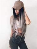 Long Black To Grey Ombre Straight Synthetic Lace Front Wig - FashionLoveHunter