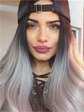 Long Black To Grey Ombre Straight Synthetic Lace Front Wig - FashionLoveHunter