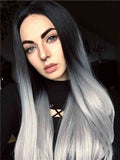 Long Black To Grey Ombre Straight Synthetic Lace Front Wig - FashionLoveHunter