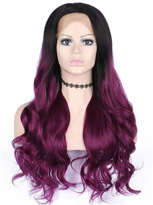 Long Black To Scarlet Wine Red Ombre Wave Synthetic Lace Front Wig - FashionLoveHunter