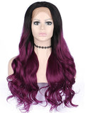 Long Black To Burgundy Purple Ombre Wave Synthetic Lace Front Wig