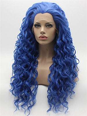 Long Lovely Midnight Blue Curly Synthetic Lace Front Wig - FashionLoveHunter