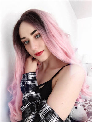 Long Blush Pink Strawberry Ombre Wave Synthetic Lace Front Wig