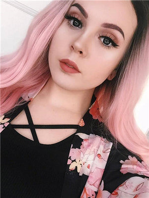 Long Blush Pink Strawberry Ombre Wave Synthetic Lace Front Wig - FashionLoveHunter