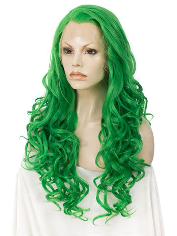Long Bright Teal Green Wave Synthetic Lace Front Wig - FashionLoveHunter