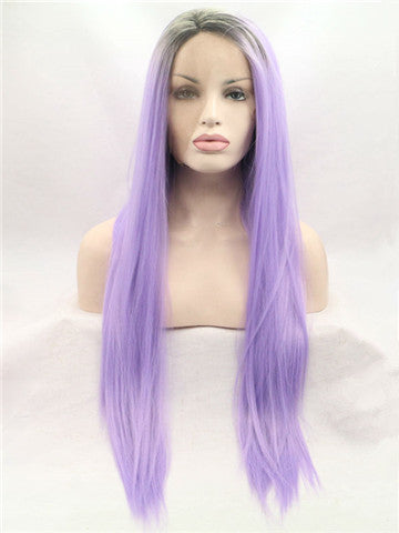 Long Brown Root Lavender Purple Ombre Synthetic Lace Front Wig - FashionLoveHunter