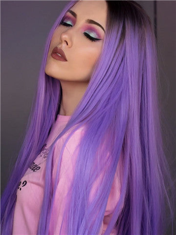 Long Brown Root Lavender Purple Ombre Synthetic Lace Front Wig - FashionLoveHunter