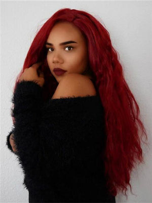 Long Canna Dark Red Fire Brick Curly Synthetic Lace Front Wig
