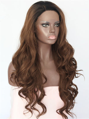Long Caramel Saddle Brown Ombre Wave Synthetic Lace Front Wig
