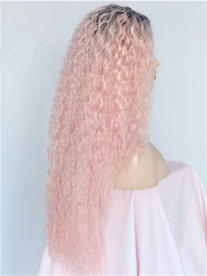 Long Coral Pink Kinky Curly Ombre Synthetic Lace Front Wig - FashionLoveHunter