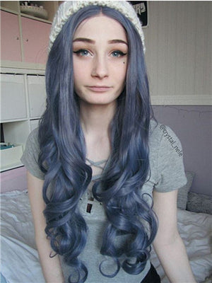 Long Dark Blue Wave Synthetic Lace Front Wig - FashionLoveHunter