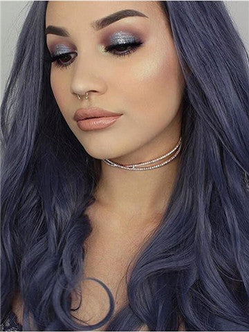 Long Dark Blue Wave Synthetic Lace Front Wig - FashionLoveHunter