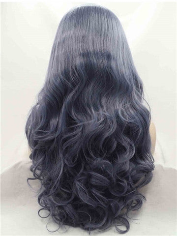 Long Dark Blue Wave Synthetic Lace Front Wig - FashionLoveHunter