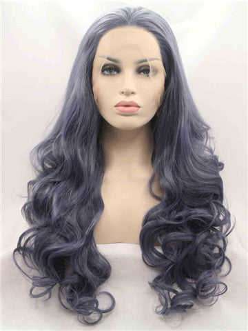 Long Dark Blue Wave Synthetic Lace Front Wig - FashionLoveHunter