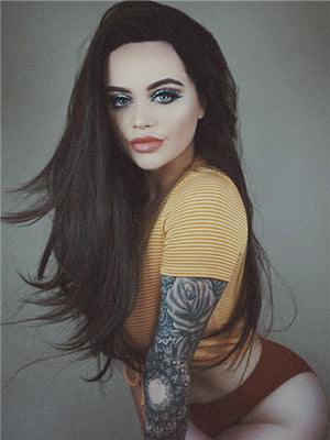 Long Dark Brown Highlight Straight Synthetic Lace Front Wig - FashionLoveHunter
