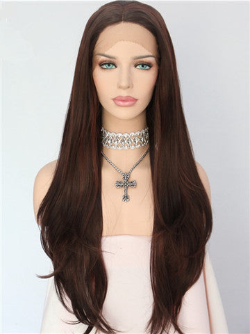 Long Dark Brown Highlight Straight Synthetic Lace Front Wig - FashionLoveHunter