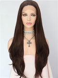 Long Dark Brown Highlight Straight Synthetic Lace Front Wig - FashionLoveHunter