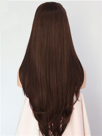 Long Dark Brown Highlight Straight Synthetic Lace Front Wig - FashionLoveHunter
