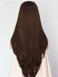 Long Dark Brown Highlight Straight Synthetic Lace Front Wig - FashionLoveHunter