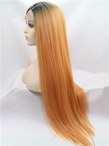 Long Dark Orange Ombre Straight Synthetic Lace Front Wig - FashionLoveHunter