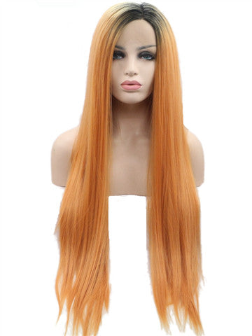 Long Dark Orange Ombre Straight Synthetic Lace Front Wig - FashionLoveHunter