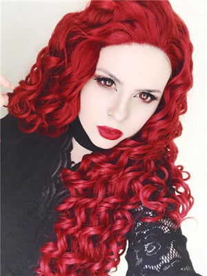 Long Dark Red Curly Synthetic Lace Front Wig - FashionLoveHunter
