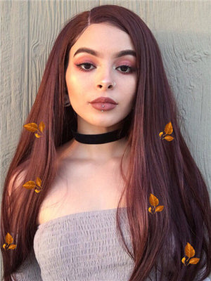 Long Dark Reddish Brown Copper Straight Synthetic Lace Front Wig - FashionLoveHunter