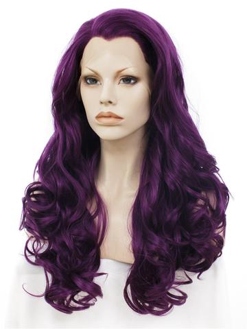 Long Dark Reddish Purple Big Wave Synthetic Lace Front Wig - FashionLoveHunter