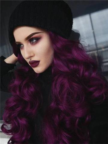 Long Dark Reddish Purple Big Wave Synthetic Lace Front Wig - FashionLoveHunter
