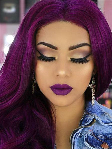 Long Dark Reddish Purple Big Wave Synthetic Lace Front Wig - FashionLoveHunter