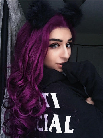 Long Dark Reddish Purple Big Wave Synthetic Lace Front Wig - FashionLoveHunter