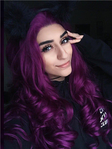 Long Dark Reddish Purple Big Wave Synthetic Lace Front Wig - FashionLoveHunter