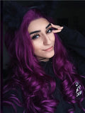 Long Dark Reddish Purple Big Wave Synthetic Lace Front Wig - FashionLoveHunter