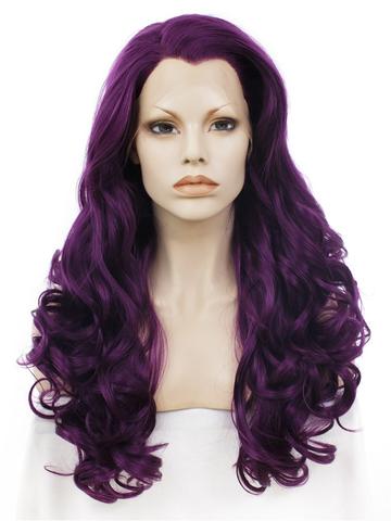Long Dark Reddish Purple Big Wave Synthetic Lace Front Wig - FashionLoveHunter
