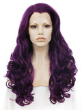 Long Dark Reddish Purple Big Wave Synthetic Lace Front Wig - FashionLoveHunter