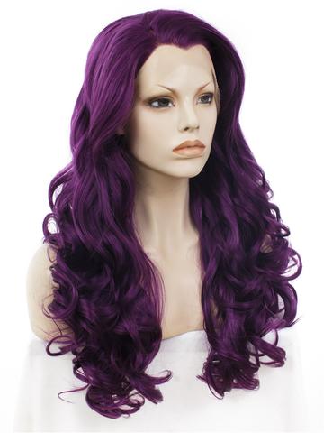 Long Dark Reddish Purple Big Wave Synthetic Lace Front Wig - FashionLoveHunter