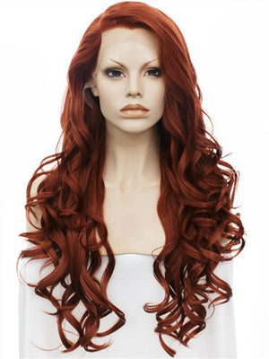 Long Deep Wave Copper Reddish Brown Synthetic Lace Front Wig - FashionLoveHunter