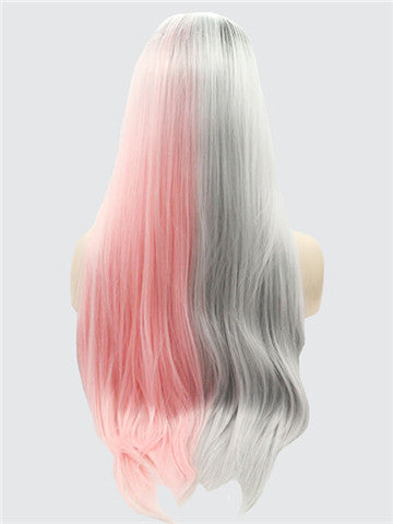Long Double Colors Pink Grey Straight Synthetic Lace Front Wig - FashionLoveHunter