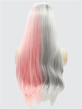 Long Double Colors Pink Grey Straight Synthetic Lace Front Wig - FashionLoveHunter
