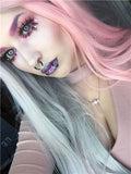 Long Double Colors Pink Grey Straight Synthetic Lace Front Wig - FashionLoveHunter